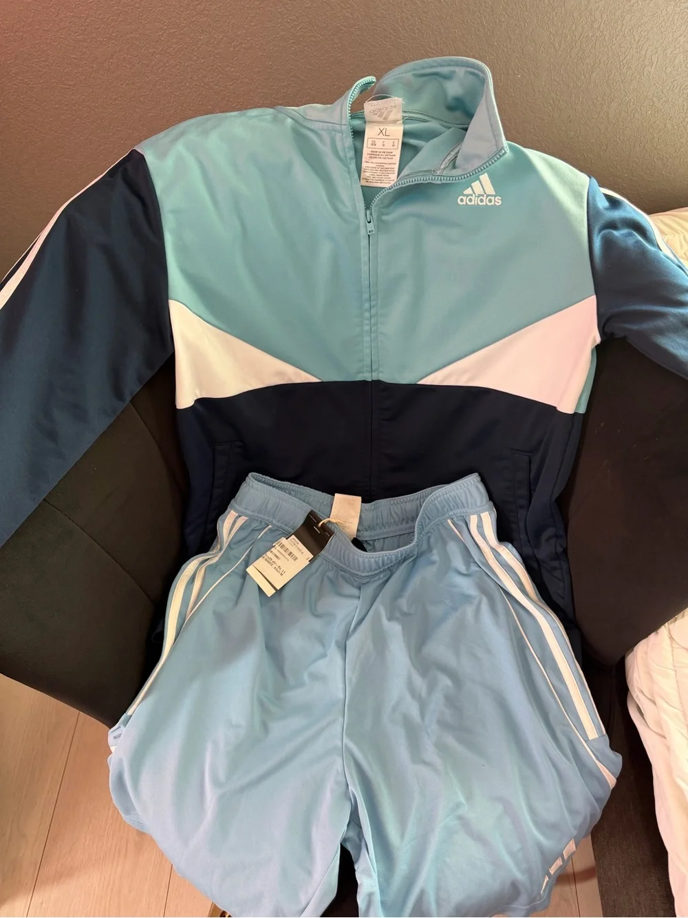 adidas Kids Light Blue, Navy & White Track Jacket and Shorts Set